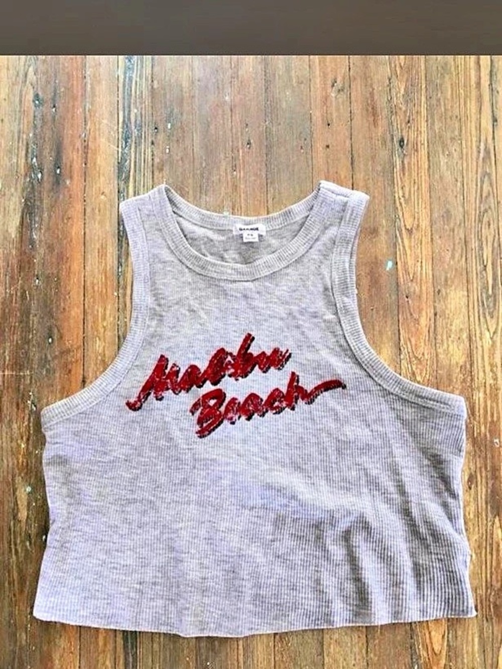 Garage Malibu Beach Cropped Tank Top Gray & Red Small